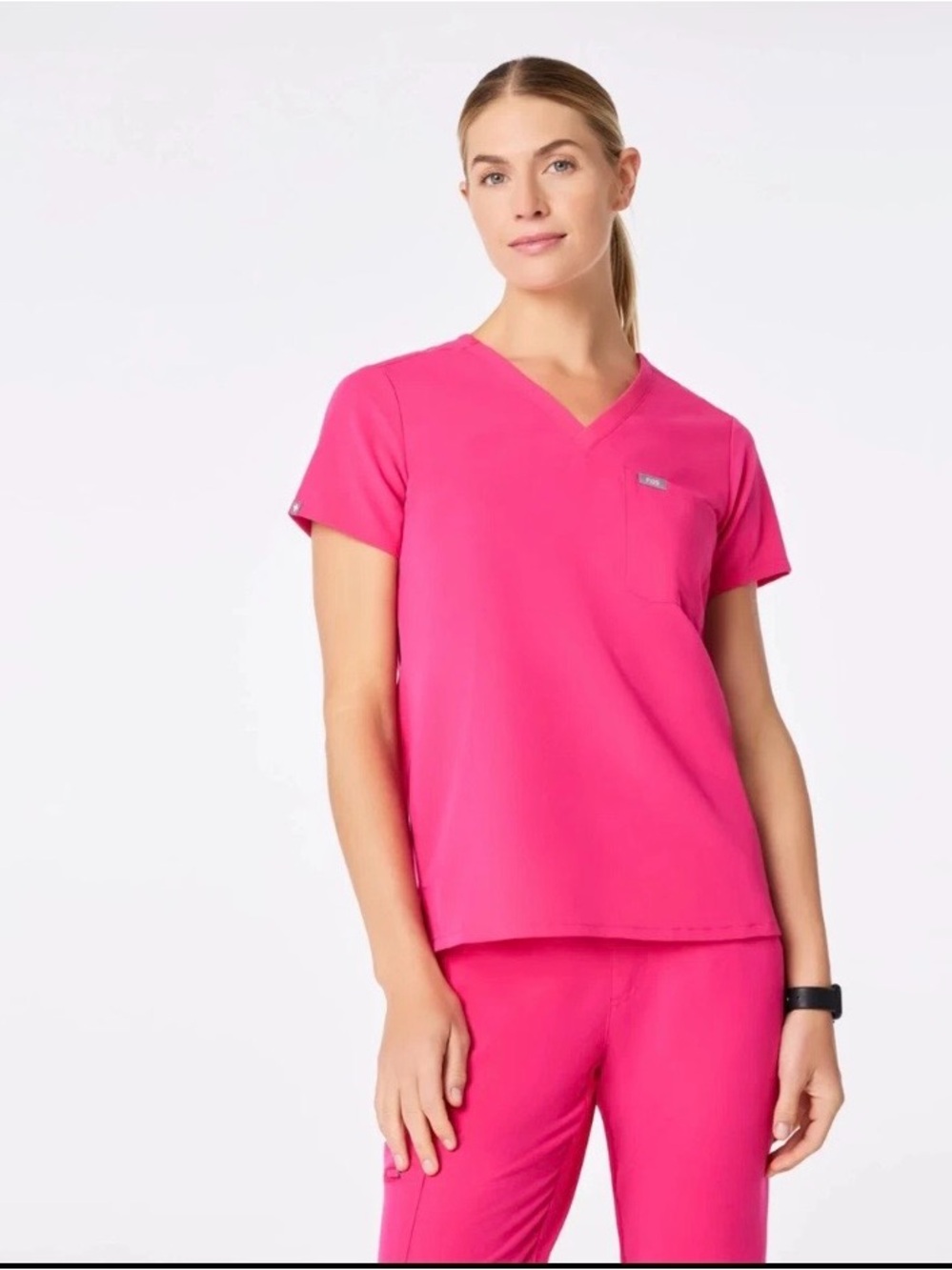 Women's Catarina one pocket V-Neck Scrub Top in shocking pink (B1)